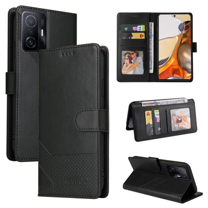 Black magnetic leather phone case with card slots and flip cover protection.