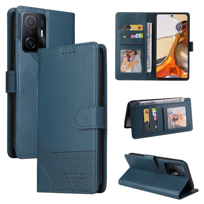 Blue magnetic leather phone case with card slots and flip cover protection.