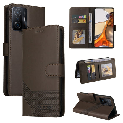 Brown magnetic leather phone case with card slots and flip cover protection.