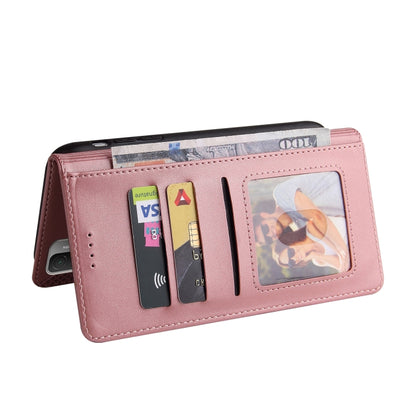 Rose gold leather wallet phone case open, showing multiple card slots and window
