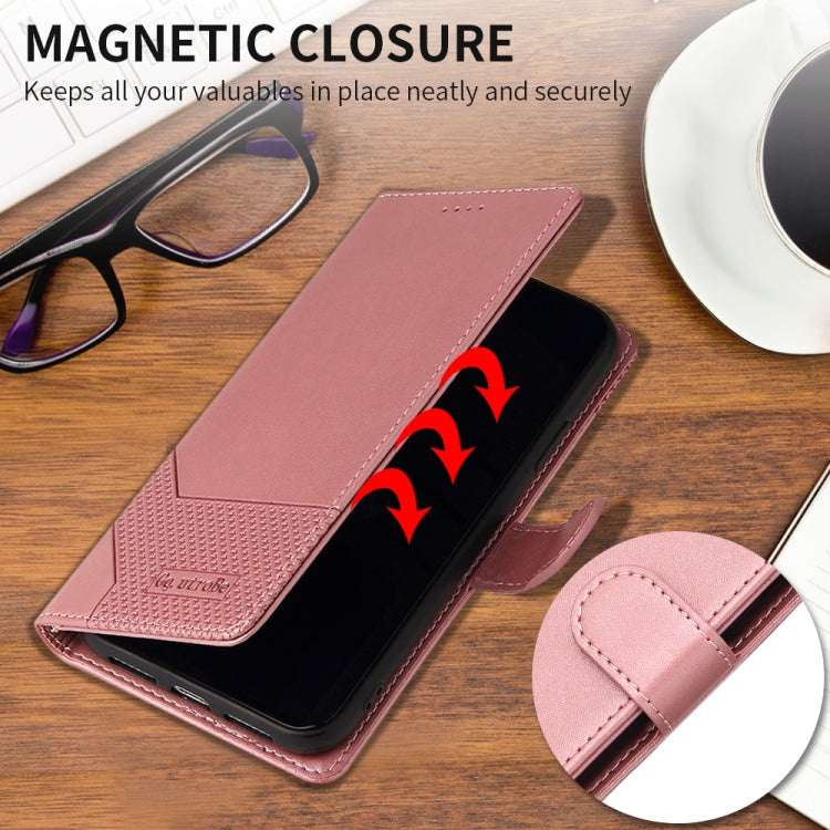 Rose gold magnetic leather phone case with folded stand and visible magnet closure