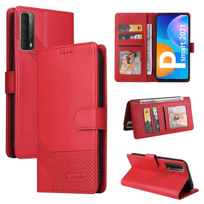 Red magnetic leather phone case with folio cover, card slots, and stand
