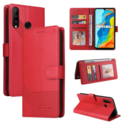 Red leather phone case with magnetic flap, card slots, and kickstand