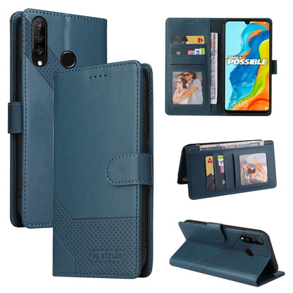 Magnetic leather phone case, blue folio with card slots and viewing window
