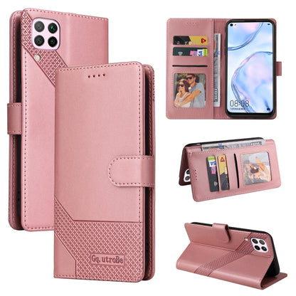 Rose gold leather flip wallet phone case, open view with card slots and stand
