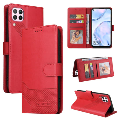 Red magnetic leather phone case with folio wallet design, card slots, and stand