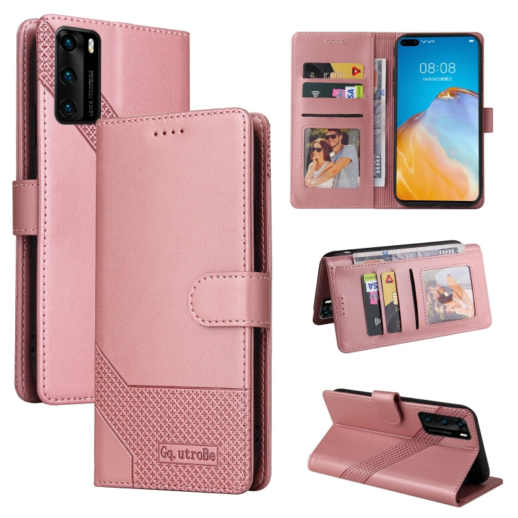 Rose gold magnetic leather phone case with folio cover, card slots, and stand