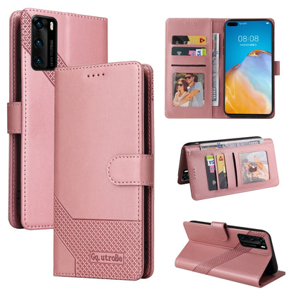 Rose gold magnetic leather phone case with folio cover, card slots, and stand