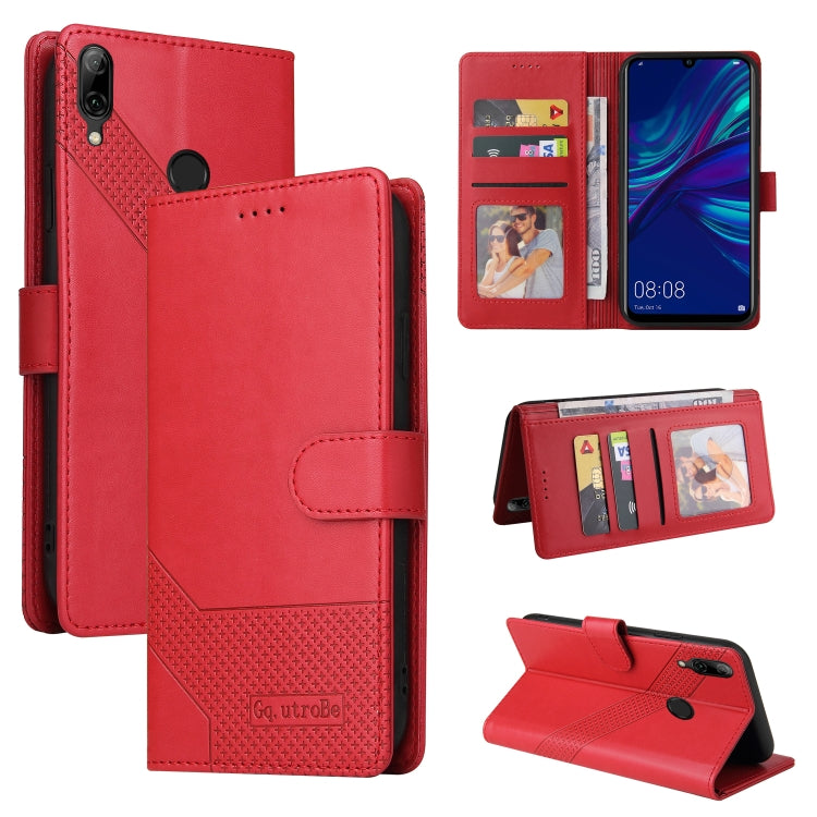 Red leather phone case with magnetic closure, card slots, and fold-out stand