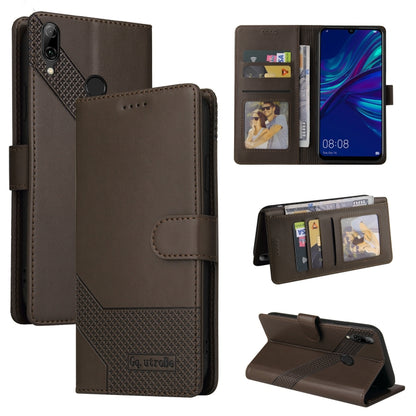 Brown magnetic leather-style phone wallet case with card slots, side pockets, stand