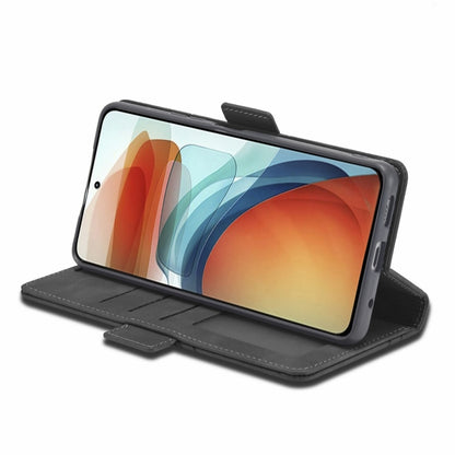 Black leather folio phone case with kickstand and front flap for viewing.