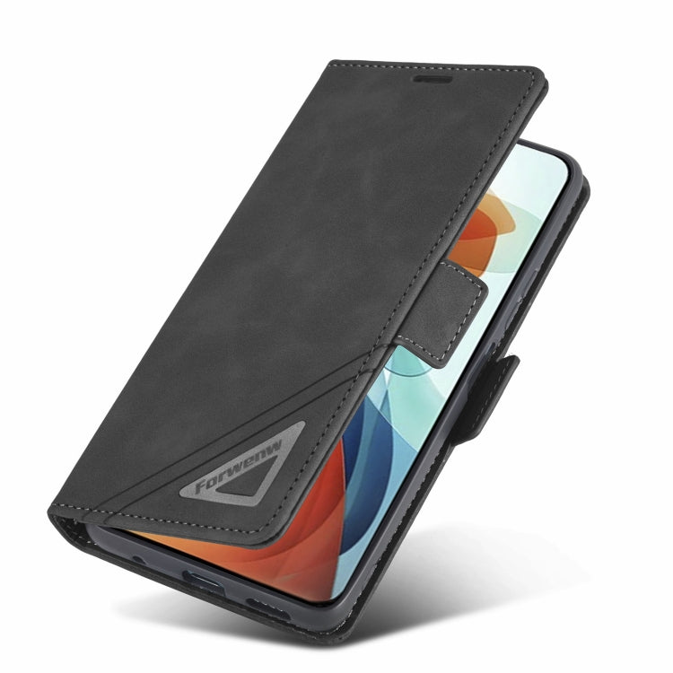 Dark leather folio phone case with buckle strap and side access cutouts.