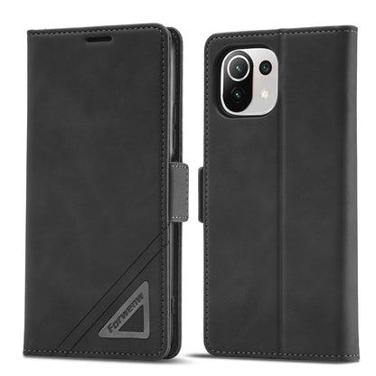 Black fold-over leather phone case with side strap and dual camera cutouts