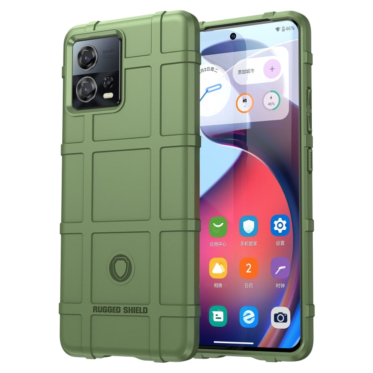 Green shockproof TPU phone case with rugged shield pattern and raised bezel