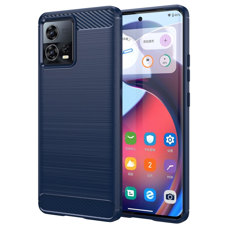 Blue brushed TPU phone case with carbon fiber back and dual camera cutout