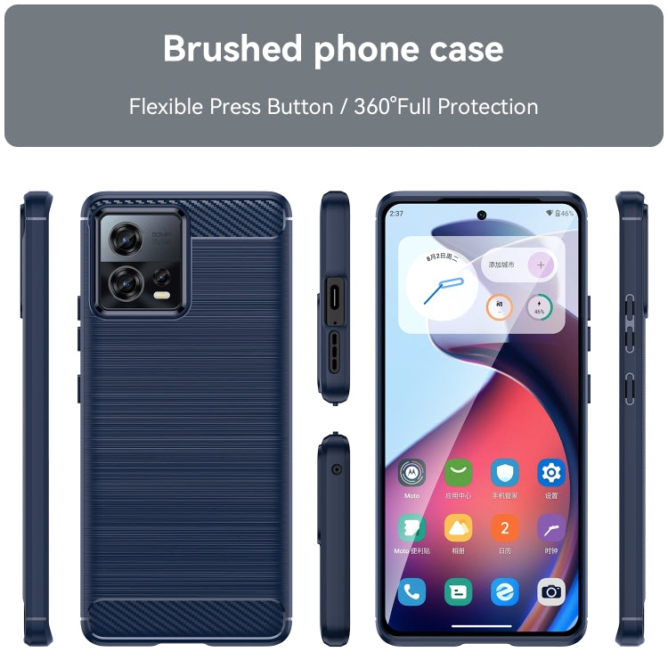 Blue phone case showing side buttons and carbon fiber back texture