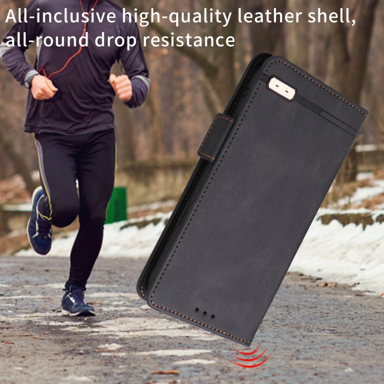 Black leather flip phone case with magnetic clasp, shown open and closed