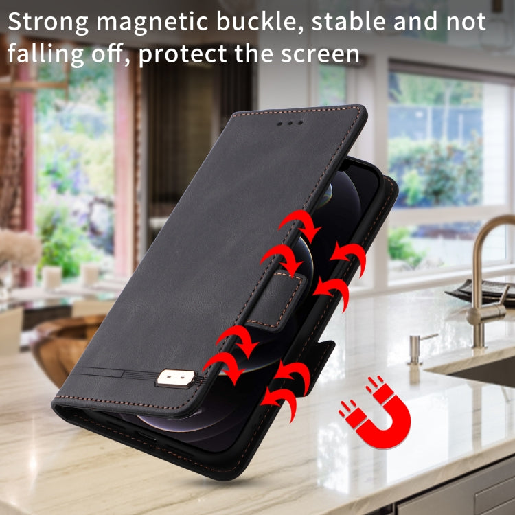 Black leather flip phone case with magnetic clasp for secure screen protection