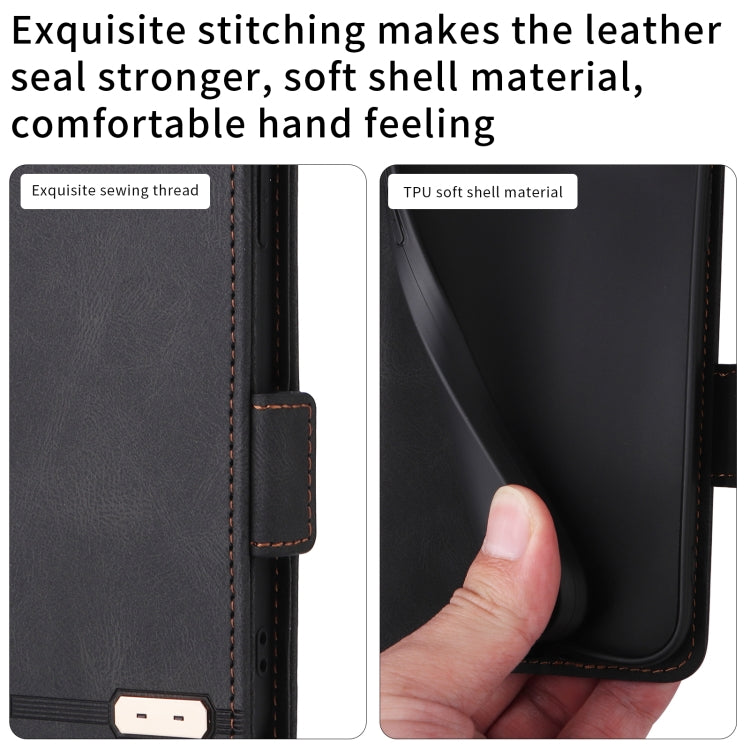 Black leather flip phone case with stitched seams and flexible TPU back cover