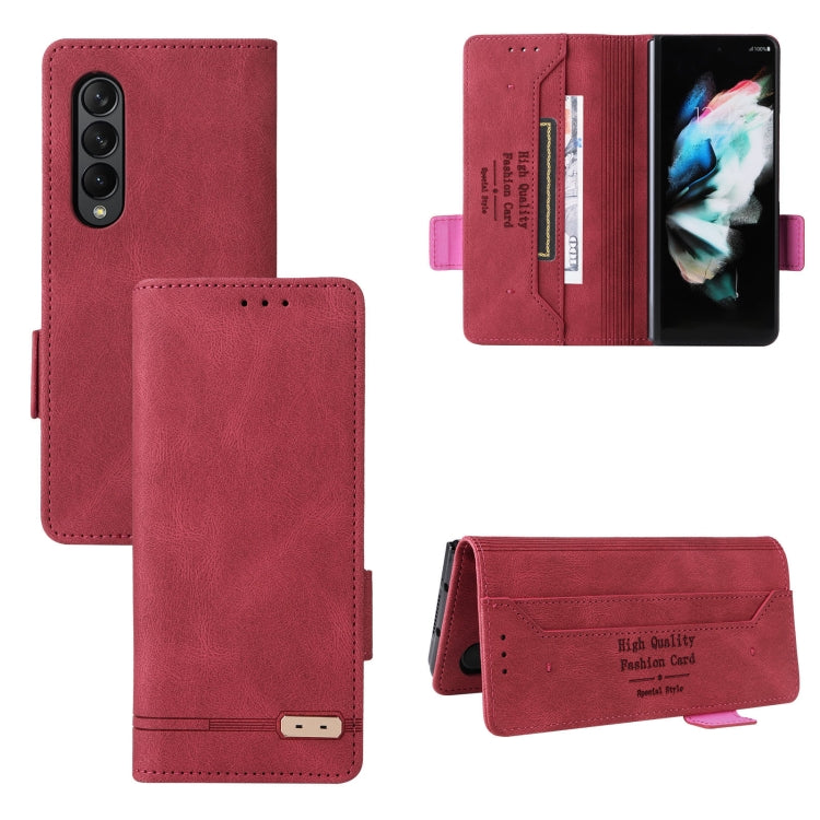 Red leather flip phone case with magnetic clasp, card slots, and stitched edges