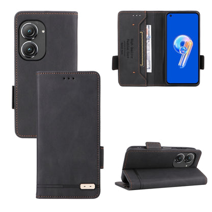 Black leather flip phone case with magnetic clasp, card slots, and camera cutout