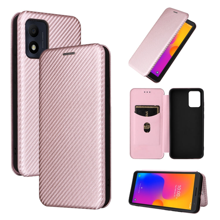 Pink carbon-fiber textured flip phone case with card holder, shown closed and open.