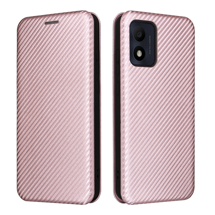 Pink carbon-fiber textured flip phone case back and front view with cutouts.