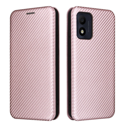 Pink carbon-fiber textured flip phone case back and front view with cutouts.