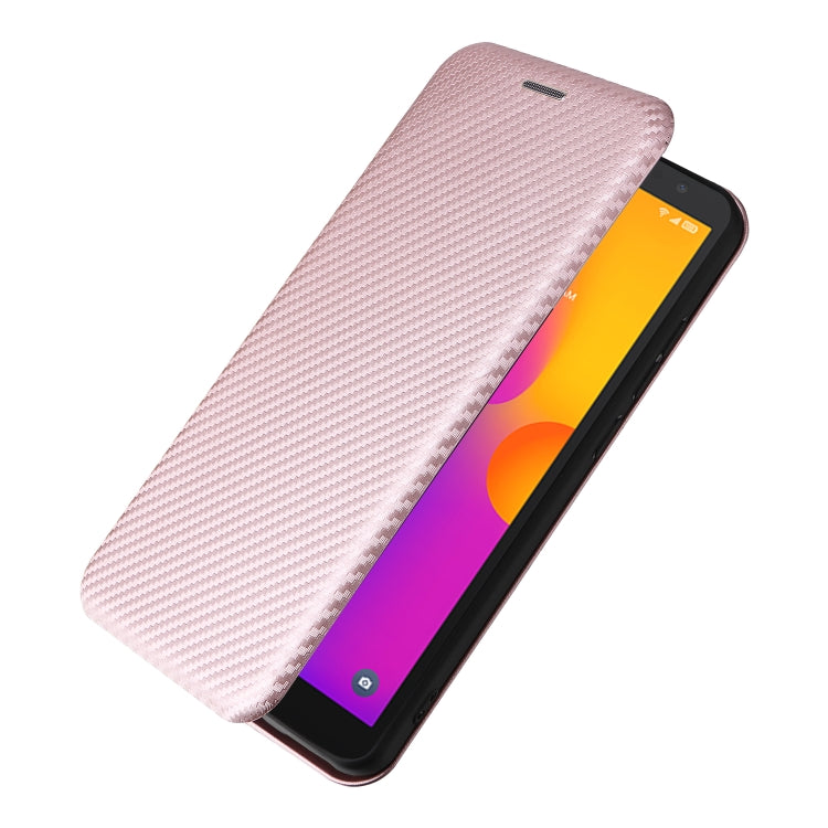 Pink carbon-fiber textured flip phone case shown at an angle, cover facing up.