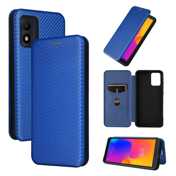 Flip phone case with carbon fiber texture, blue, card slot on back