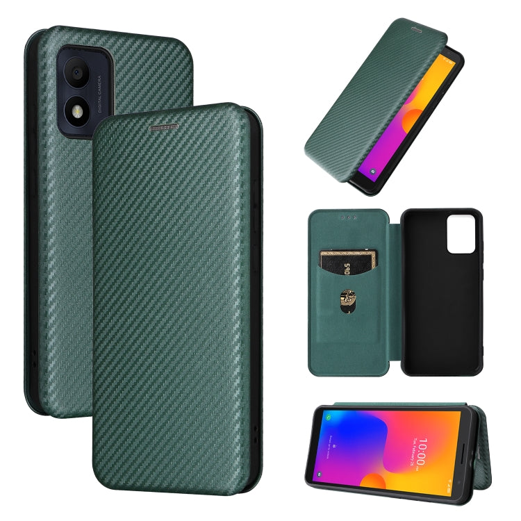 Green carbon fiber-texture flip leather phone case with card slot and front camera cutouts
