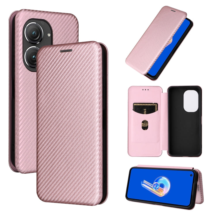 Pink carbon-fiber textured flip phone case set: closed cover, open card slots, phone views.