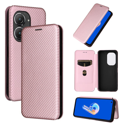 Pink carbon-fiber textured flip phone case set: closed cover, open card slots, phone views.
