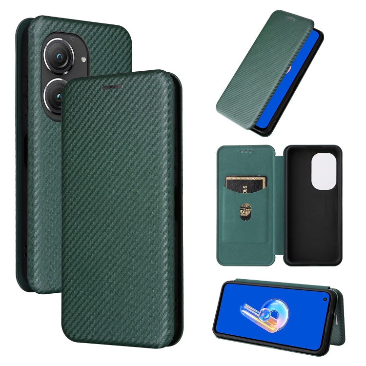 Dark green carbon fiber-texture flip leather phone case, card slot and stand view