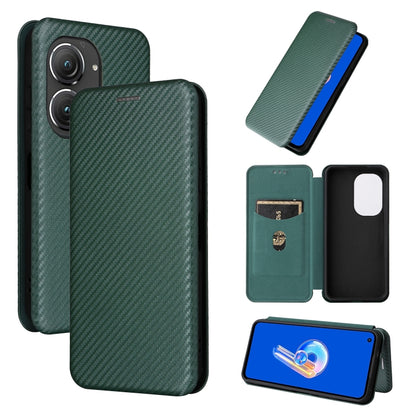 Dark green carbon fiber-texture flip leather phone case, card slot and stand view