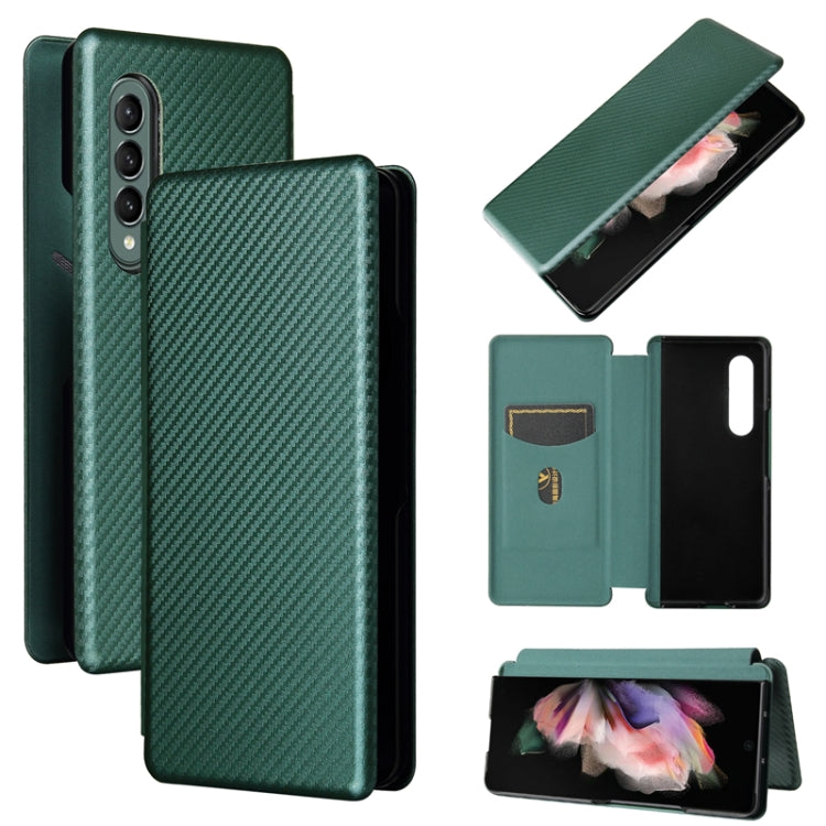 Green carbon fiber-texture flip leather phone case, card holder panel and cutouts