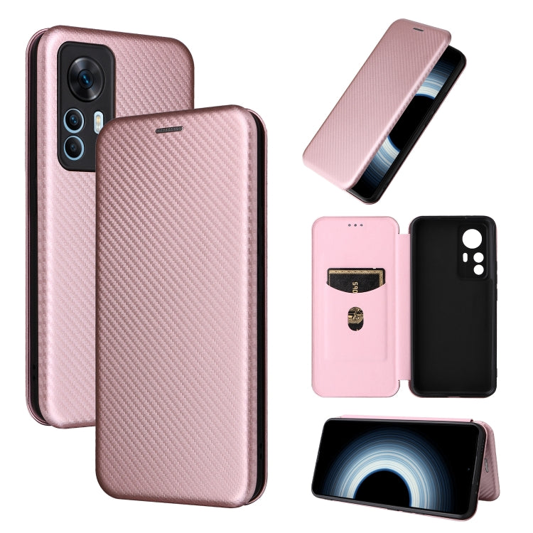 Pink carbon-fiber textured flip phone case collage with back, open card holder, and screen.
