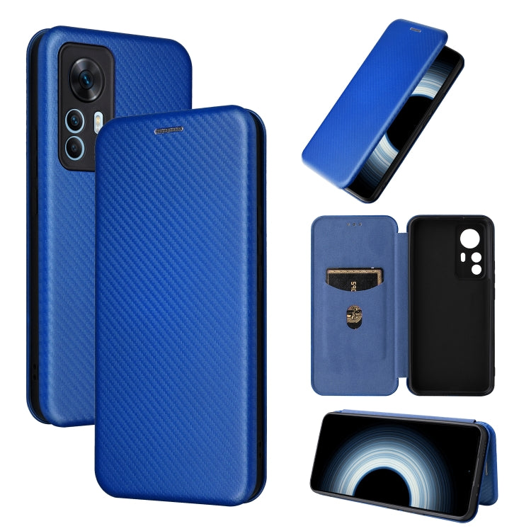 Blue carbon fiber-texture flip leather phone case with card slot and window cutout