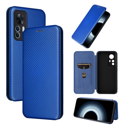 Blue carbon fiber-texture flip leather phone case with card slot and window cutout