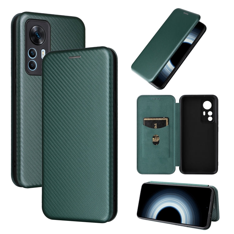 Green carbon fiber-texture flip leather phone case with card slot and window-style camera cutout