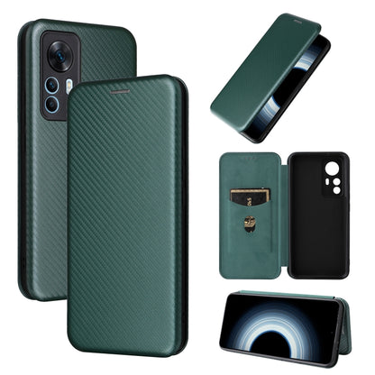 Green carbon fiber-texture flip leather phone case with card slot and window-style camera cutout