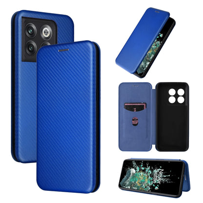 Blue carbon fiber-texture flip leather phone case, card slot and side camera openings