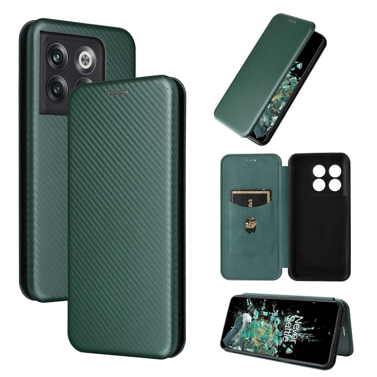 Teal green carbon fiber-texture flip leather phone case with card slot and camera opening