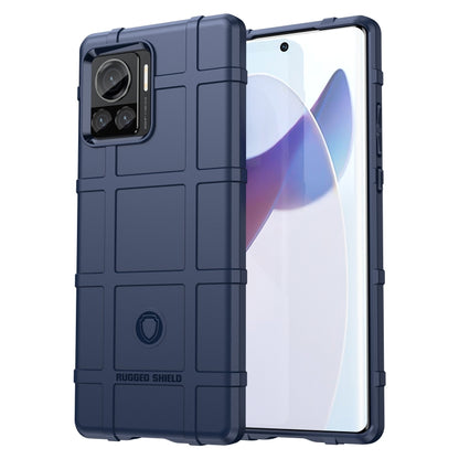 Blue rugged TPU phone case with camera cutout and raised screen edges