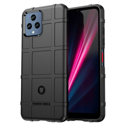 Shockproof TPU phone case with rugged shield texture, black, full coverage camera cutouts