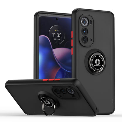 Black phone case with ring holder, red accents, and raised camera protection for Motorola Edge 2022