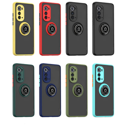 Set of phone cases with ring holder in yellow, red, black, and teal for Motorola Edge 2022