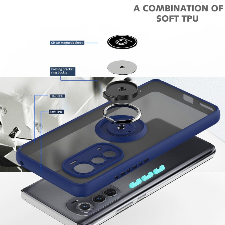 Blue and gray phone case with ring holder and raised camera cutouts for Motorola Edge 2022