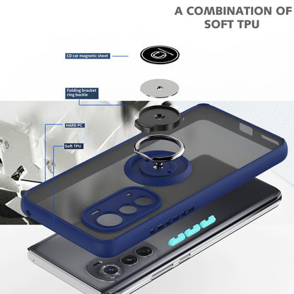 Blue and gray phone case with ring holder and raised camera cutouts for Motorola Edge 2022
