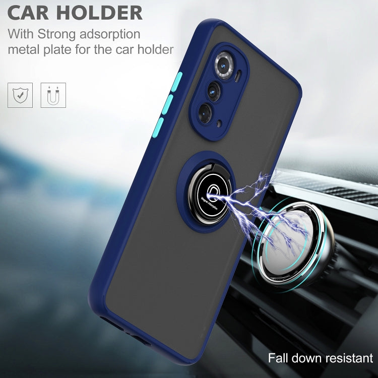 Blue phone case with ring holder and cutouts for camera and buttons for Motorola Edge 2022